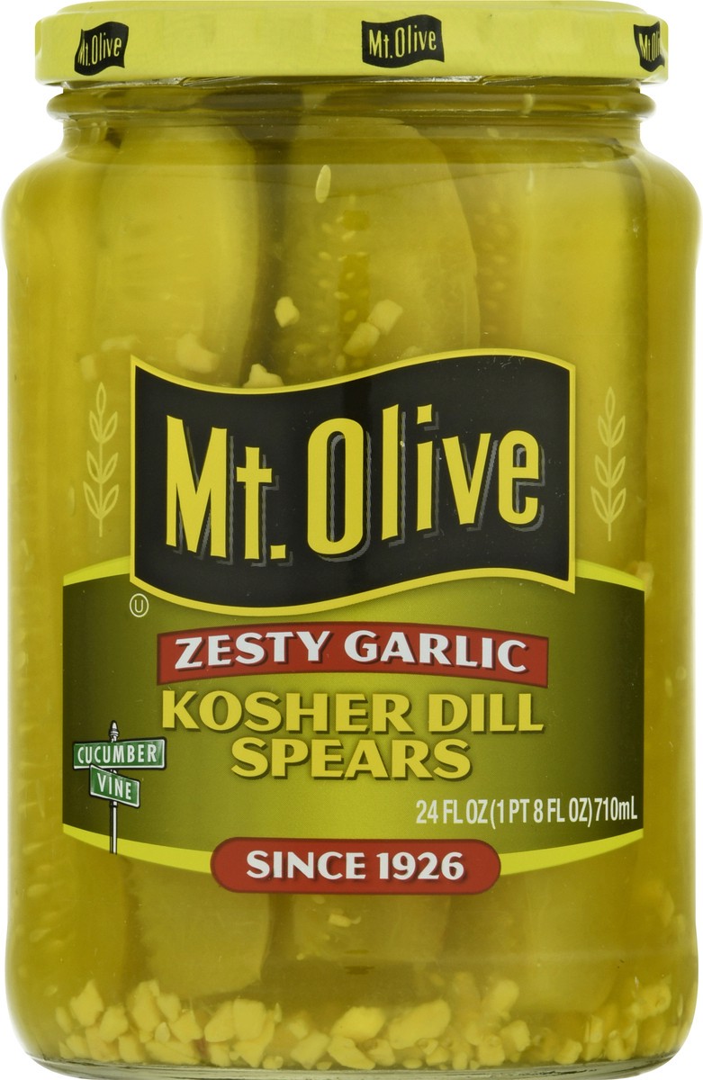 slide 1 of 6, Mt. Olive Zesty Garlic Kosher Dill Spears Pickles 24 fl oz Jar, 24 oz