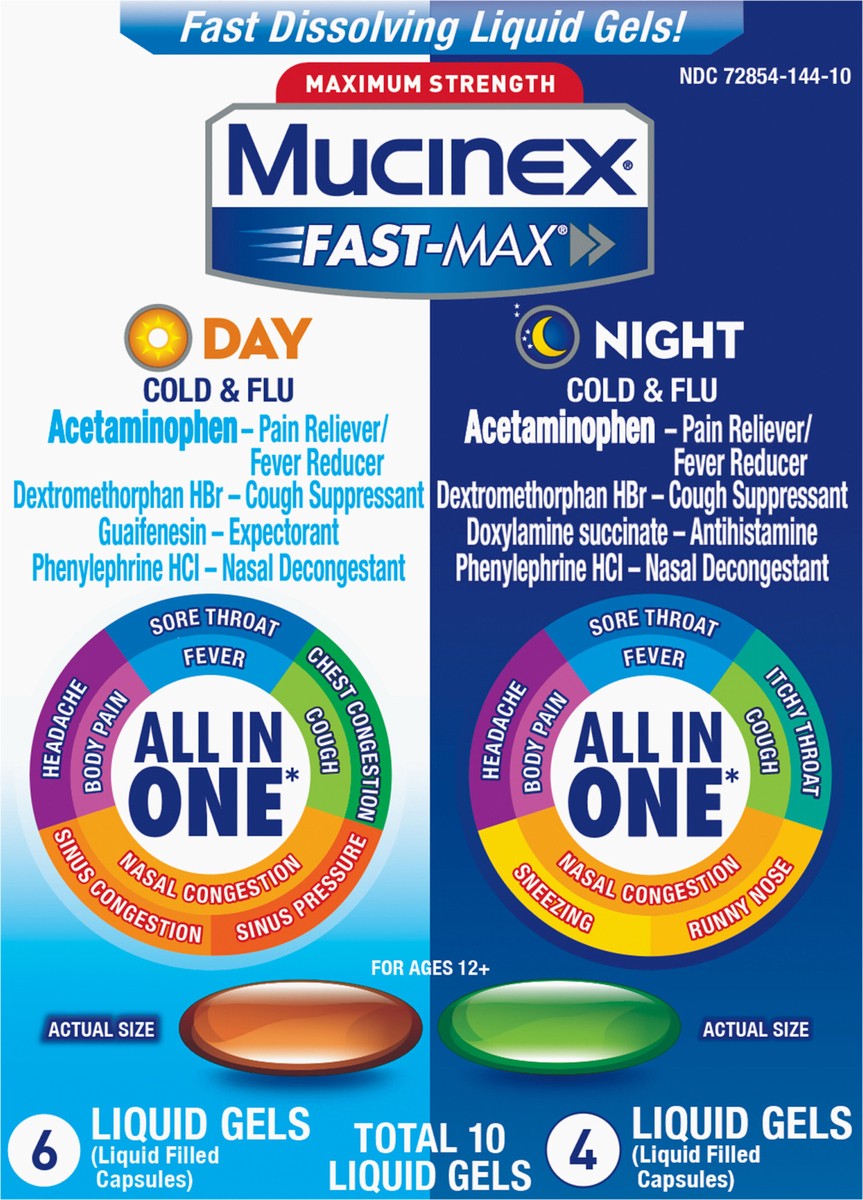 slide 2 of 2, MUCINEX FAST-MAX Liquid Gels - Day Night Hydra Cold & Flu 24/10 ct., 10 ct
