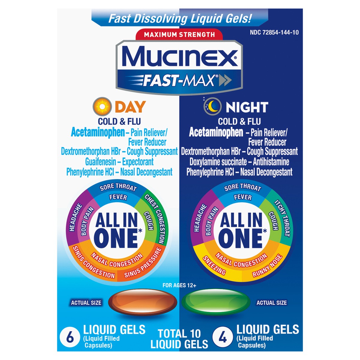 slide 1 of 2, MUCINEX FAST-MAX Liquid Gels - Day Night Hydra Cold & Flu 24/10 ct., 10 ct