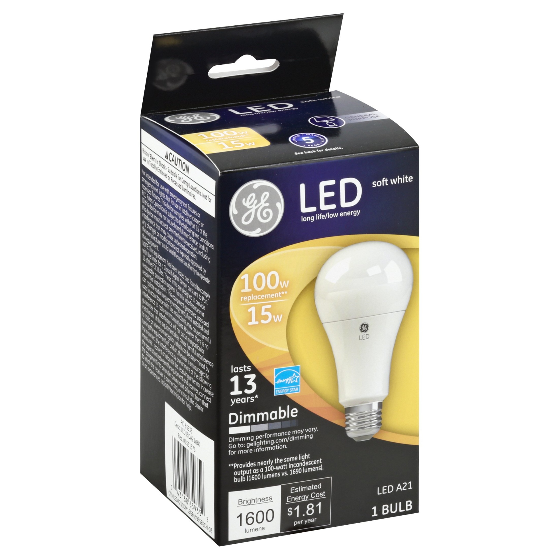 slide 1 of 1, GE LED A21 15W Dimmable Lightbulb - Soft White, 1 ct