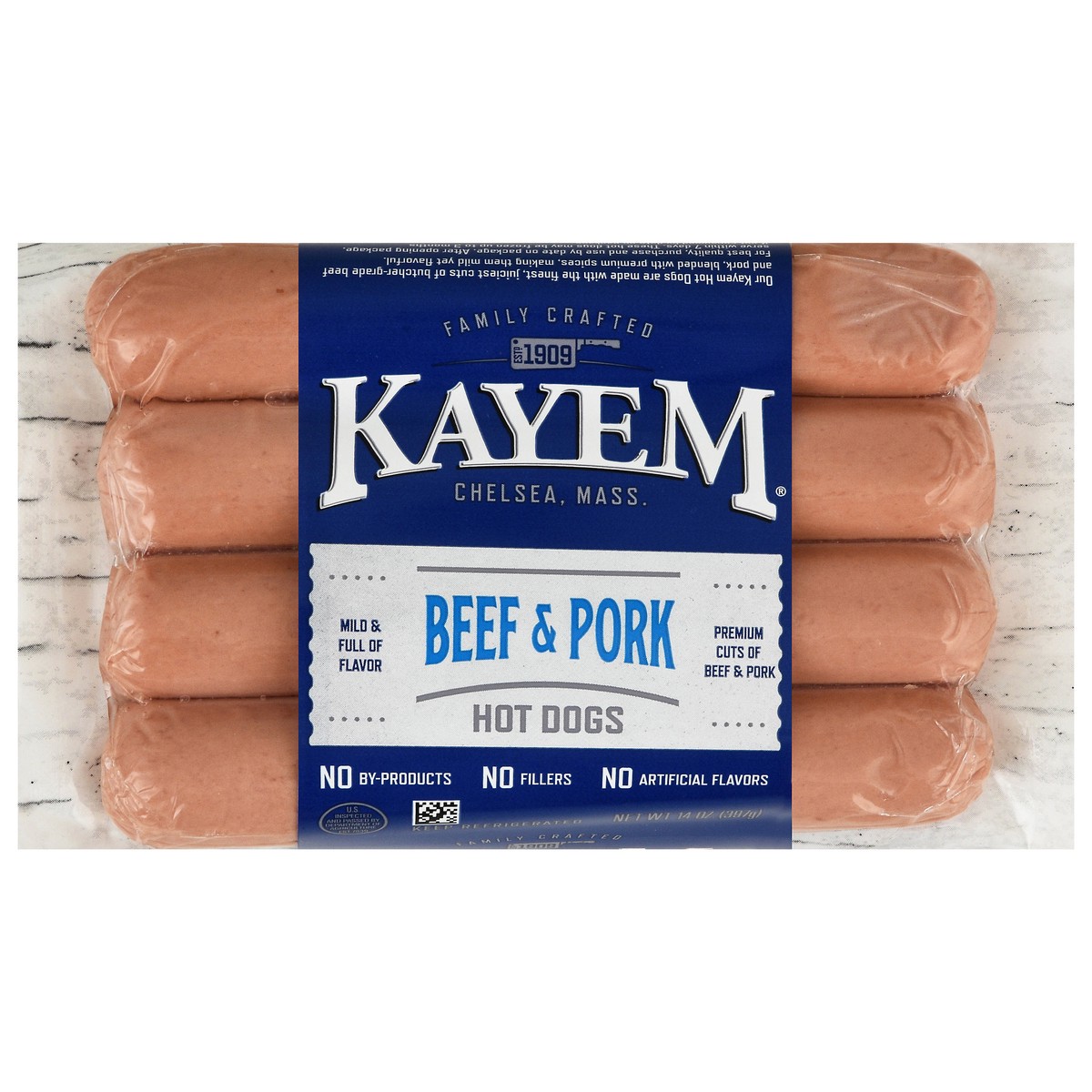 slide 1 of 9, Kayem Beef & Pork Hot Dogs 14 oz, 14 oz