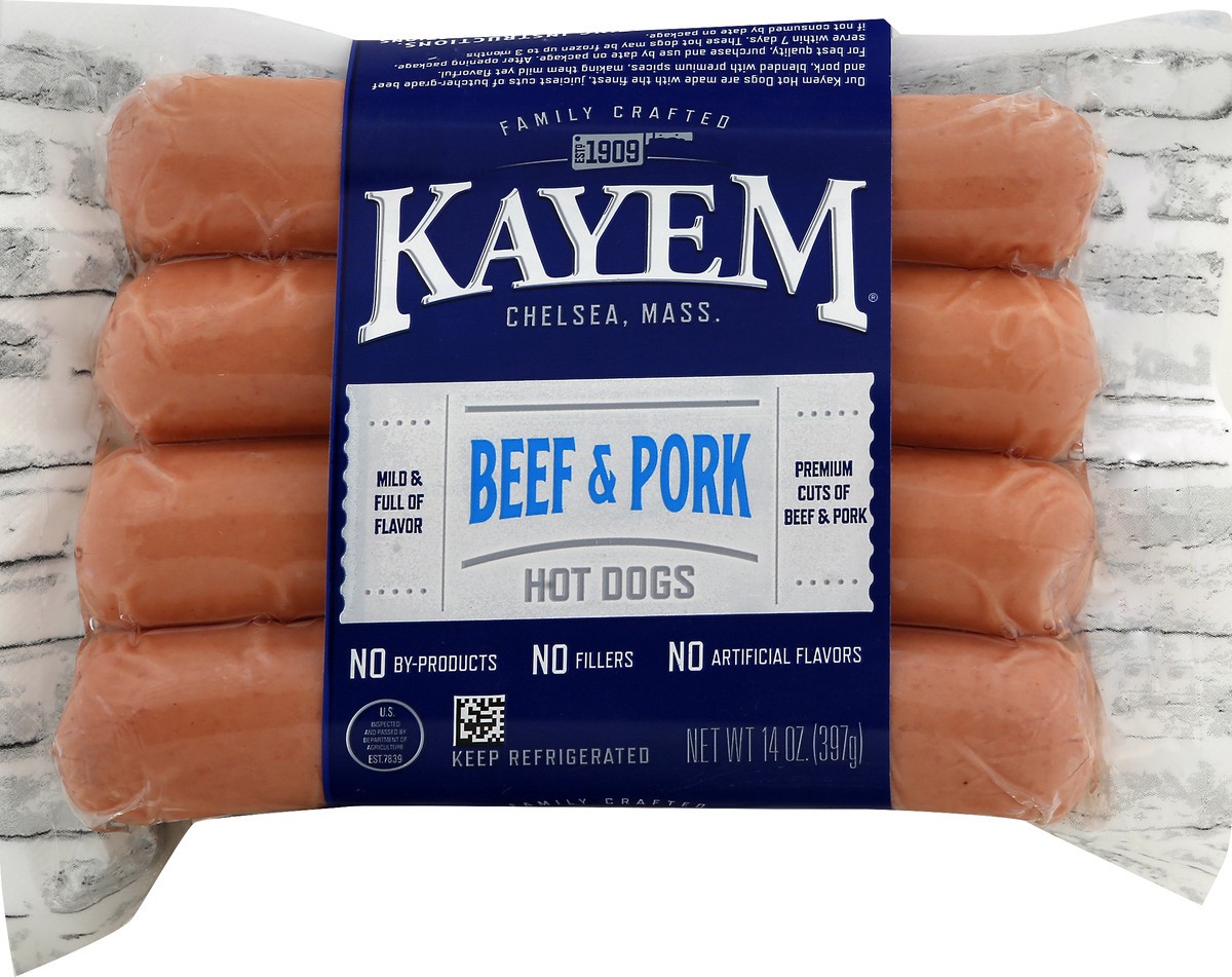 slide 6 of 9, Kayem Beef & Pork Hot Dogs 14 oz, 14 oz