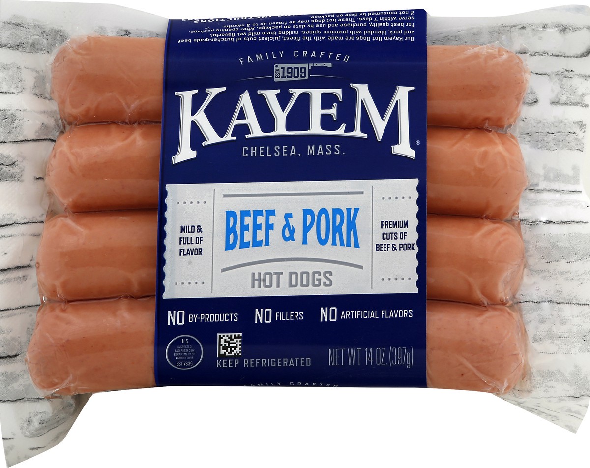 slide 1 of 9, Kayem Beef & Pork Hot Dogs 14 oz, 14 oz