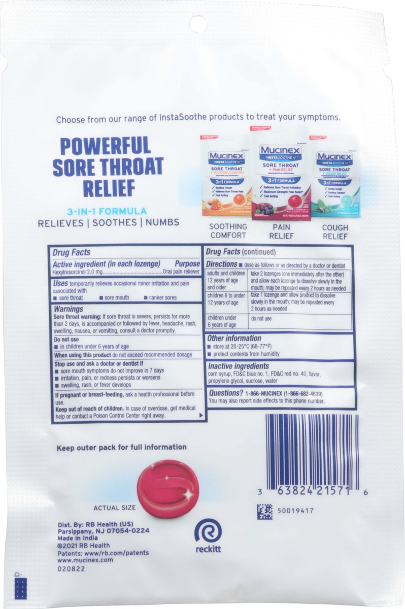 slide 12 of 12, Mucinex InstaSoothe Elderberry & Wild Cherry Flavor Sore Throat + Pain Relief 20 Medicated Drops, 20 ct