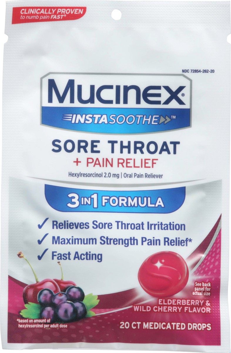 slide 8 of 12, Mucinex InstaSoothe Elderberry & Wild Cherry Flavor Sore Throat + Pain Relief 20 Medicated Drops, 20 ct