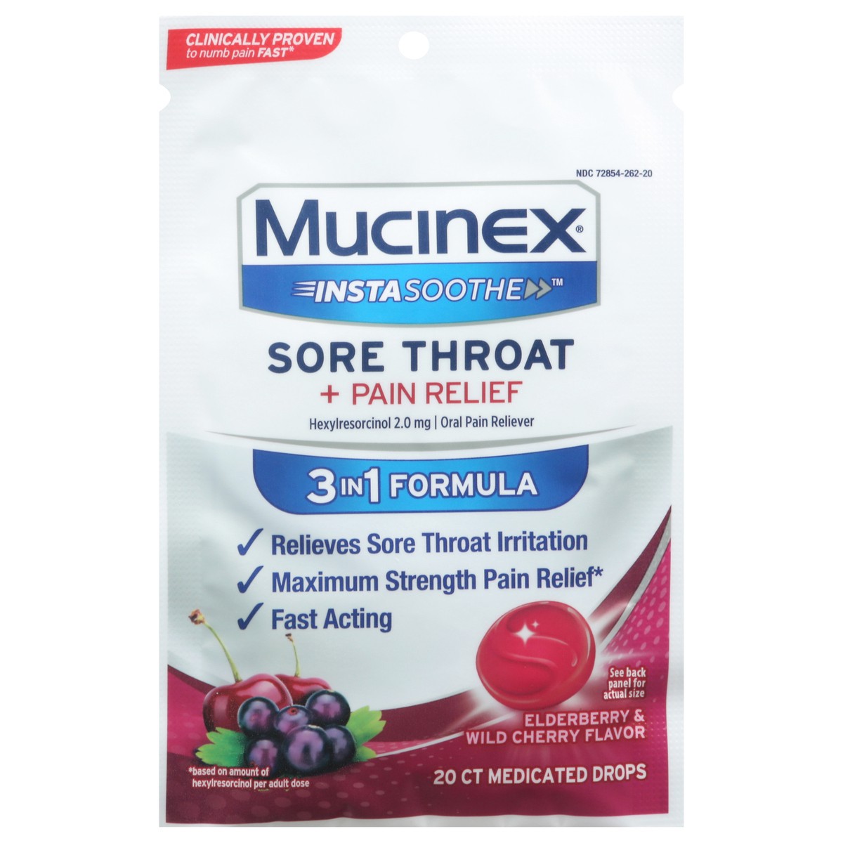 slide 1 of 12, Mucinex InstaSoothe Elderberry & Wild Cherry Flavor Sore Throat + Pain Relief 20 Medicated Drops, 20 ct