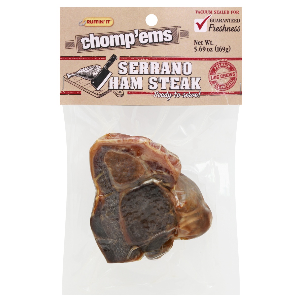 slide 1 of 1, Ruffin' It Chomp 'Ems Serrano Ham Steak Premium Dog Chew, 1 ct