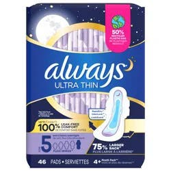 Always Ultra Thin Overnight Pads with Flexi-Wings, Size 5, Extra Heavy Overnight, Unscented, 46 Count