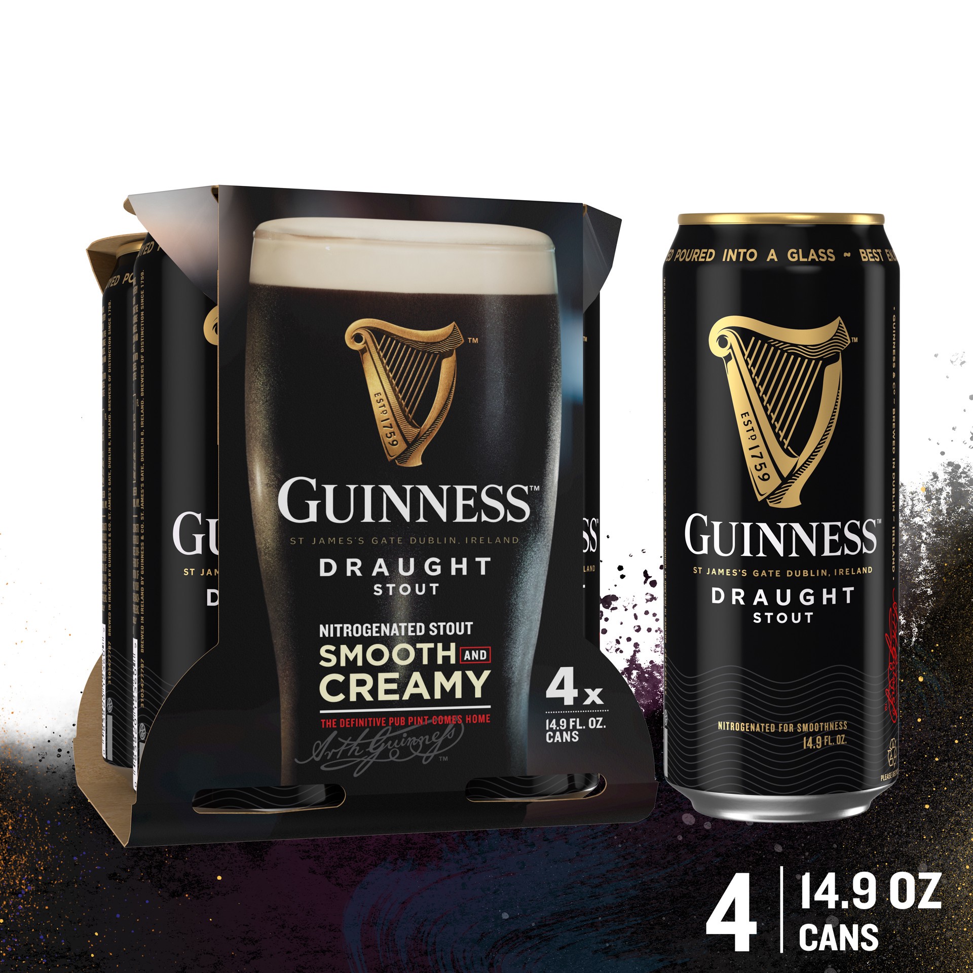 slide 1 of 1, Guinness Draught Stout Import Beer, 14.9 fl oz, 4 Pack Cans, 4.2% ABV, 14.90 fl oz