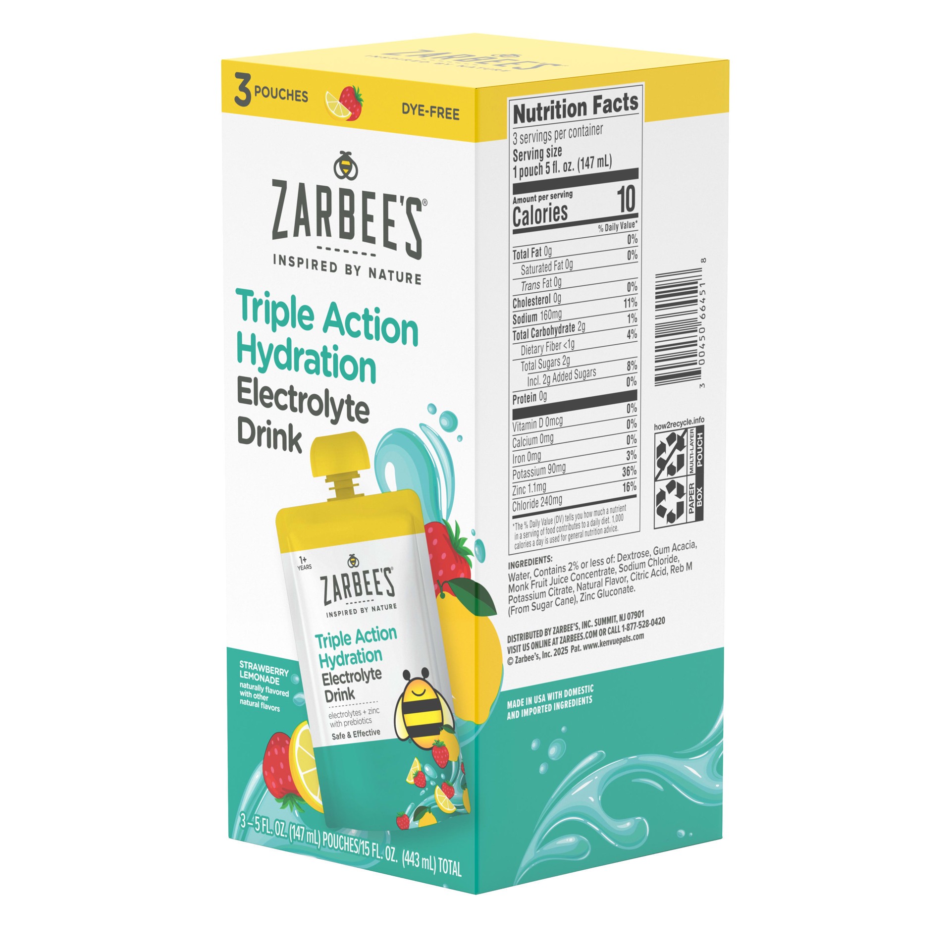 slide 2 of 8, Zarbee's Naturals Kids Triple Action Hydration Electrolyte Drink, Strawberry Lemonade Flavor, 5 Fl. Oz, Pack of 3, 3 ct