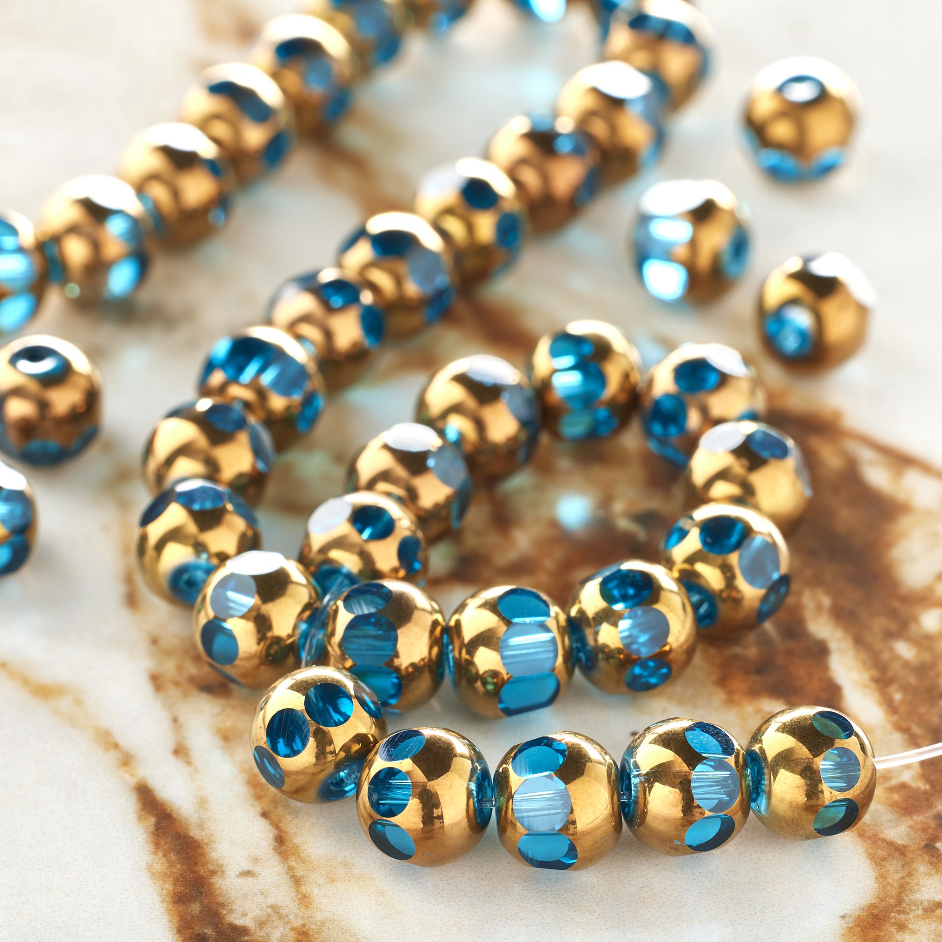 slide 3 of 3, Aqua & Copper Faceted Glass Round Beads, 8mm By Bead Landing, 8mm