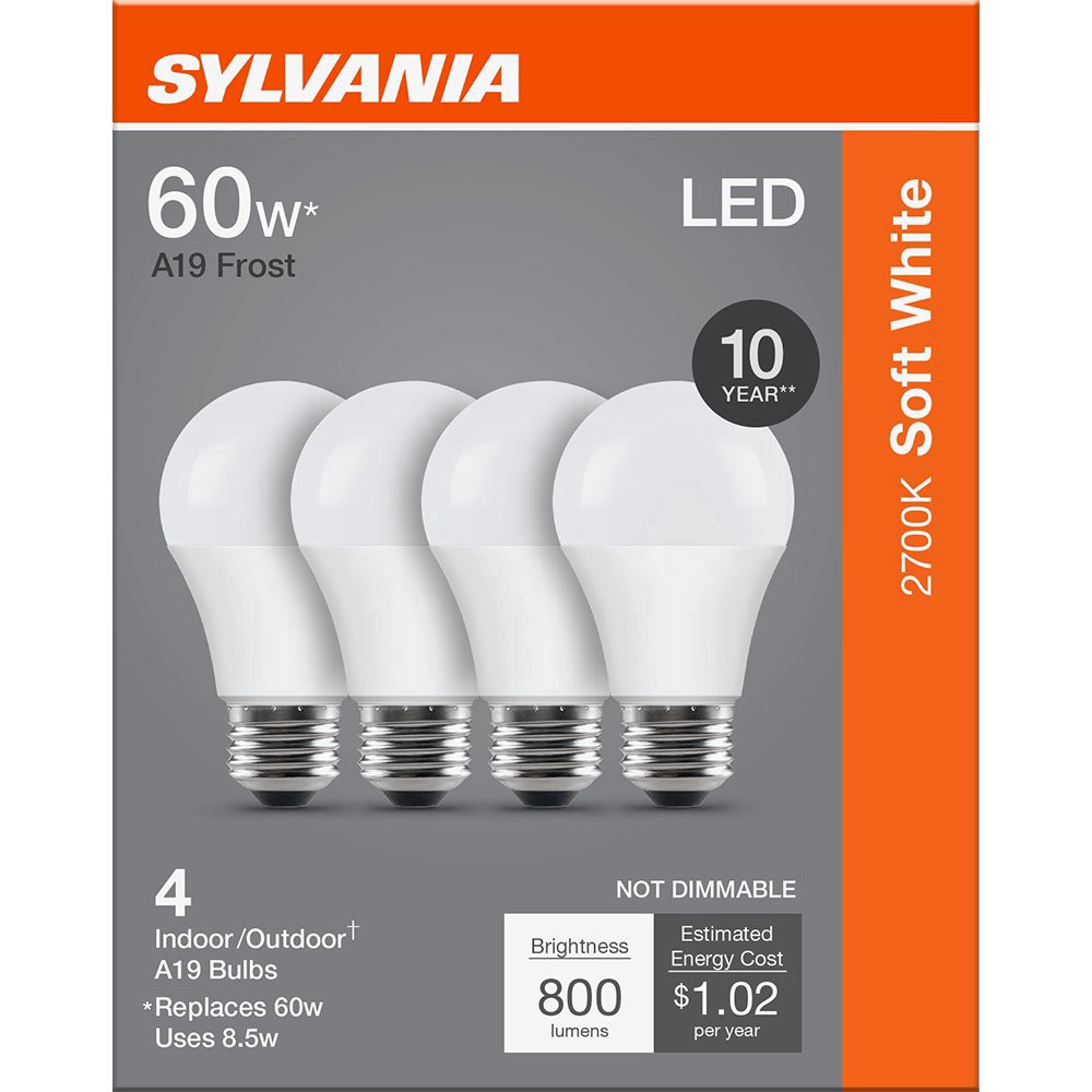 slide 1 of 1, Sylvania Soft White LED A19 Frost 8.5 Watts Indoor/Outdoor Bulbs 4 Each, 4 ct