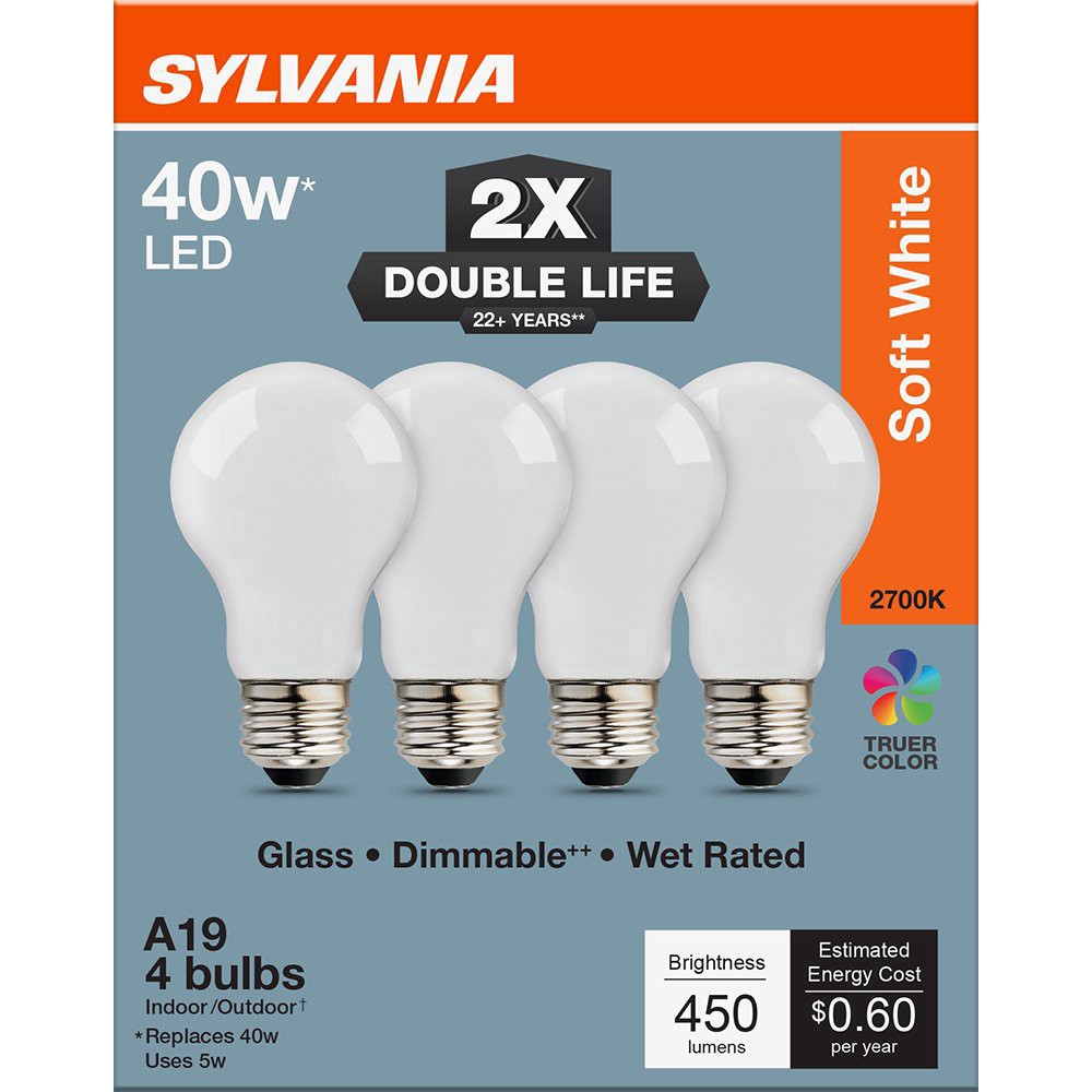 slide 1 of 1, SYLVANIA A19 40 Watt Soft White Double Life Bulb, 4 ct