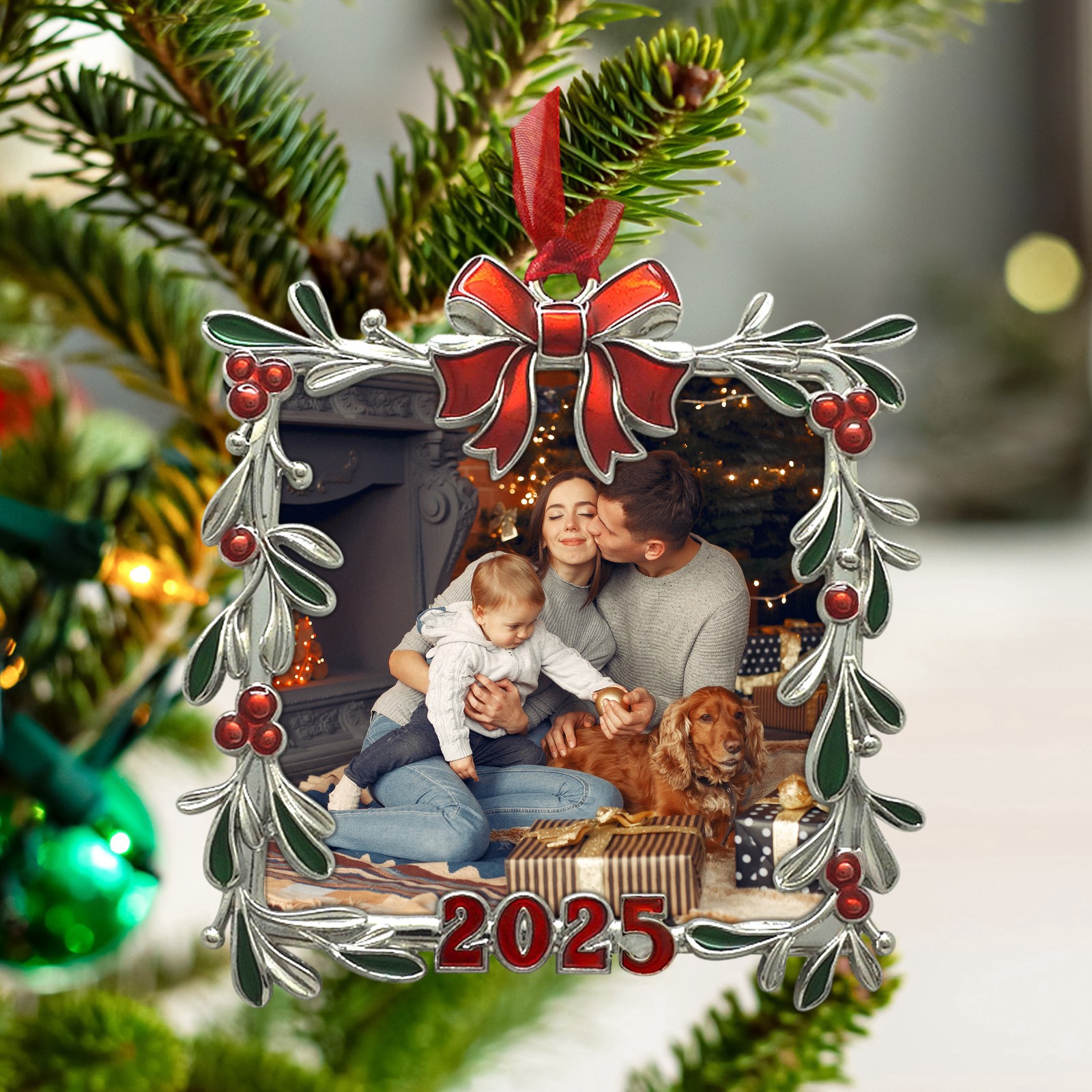 slide 2 of 3, 2.5" X 2.5" Silver Mistletoe & Bow 2025 Ornament Frame By Studio Decor, 2.5 in x 2.5 in