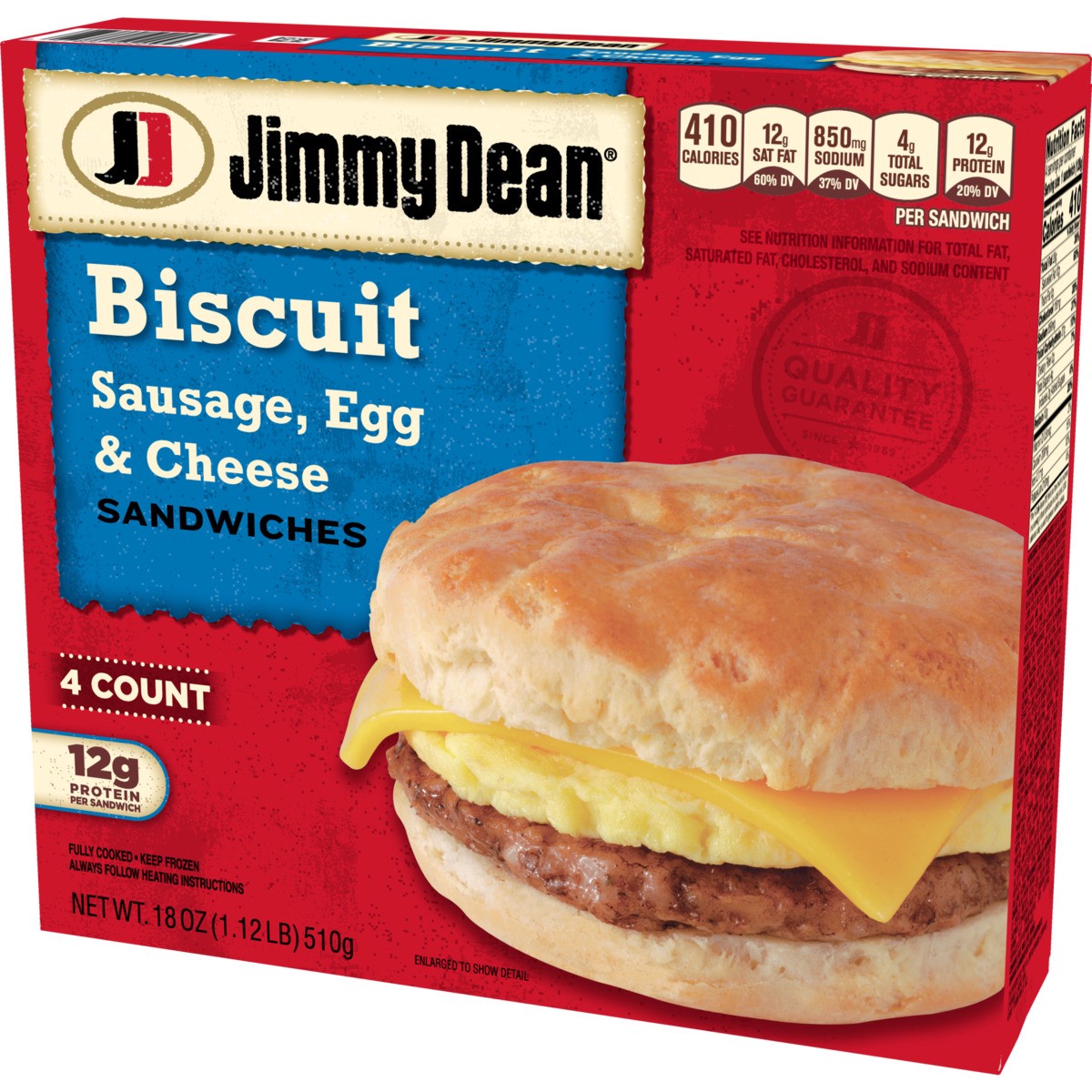 slide 3 of 9, Jimmy Dean Biscuit Breakfast Sandwiches with Sausage, Egg, and Cheese, Frozen, 4 Count, 510.29 g