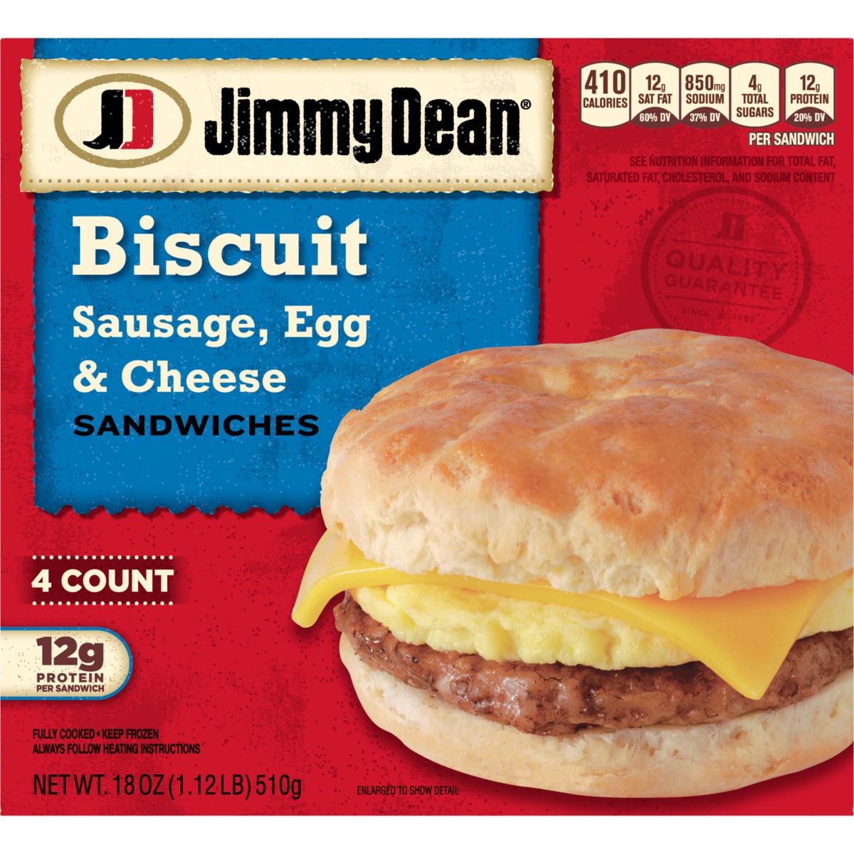 slide 6 of 9, Jimmy Dean Biscuit Breakfast Sandwiches with Sausage, Egg, and Cheese, Frozen, 4 Count, 510.29 g