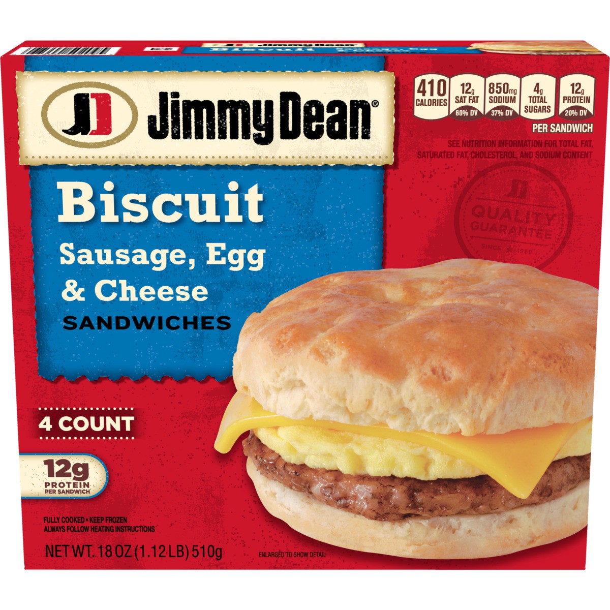 slide 1 of 9, Jimmy Dean Biscuit Breakfast Sandwiches with Sausage, Egg, and Cheese, Frozen, 4 Count, 510.29 g