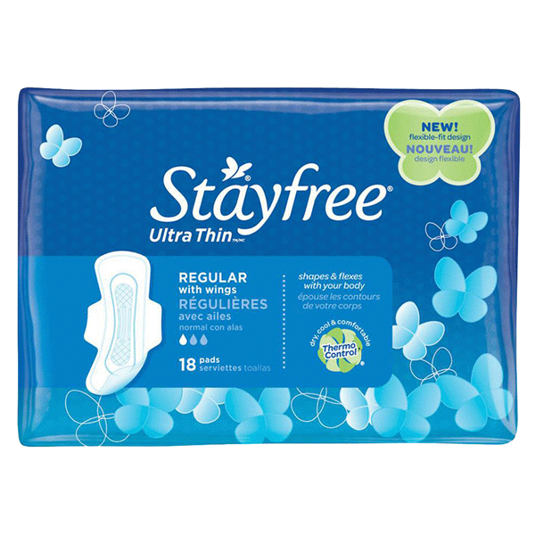 slide 1 of 1, Stayfree Ultra Thin Pads Regular With Wings, Thermo Control, 18 ct