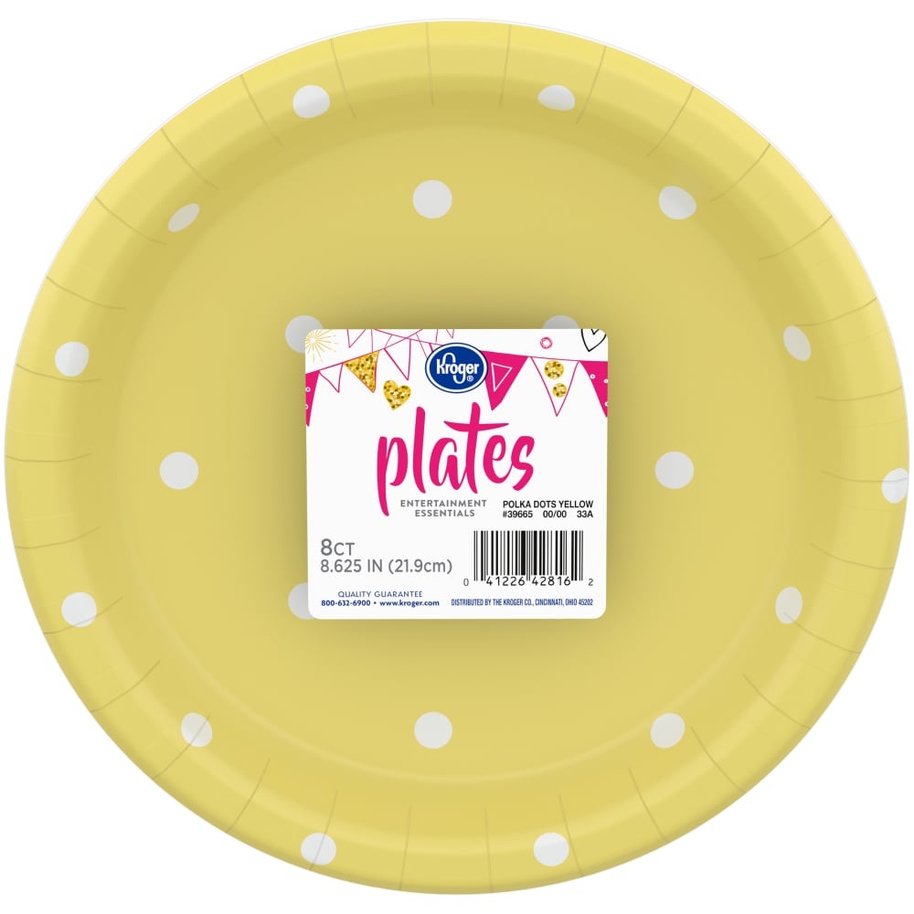 slide 1 of 1, Kroger Entertainment Essentials Polka Dot Paper Plates 8 Pack Yellow, 8.63 in