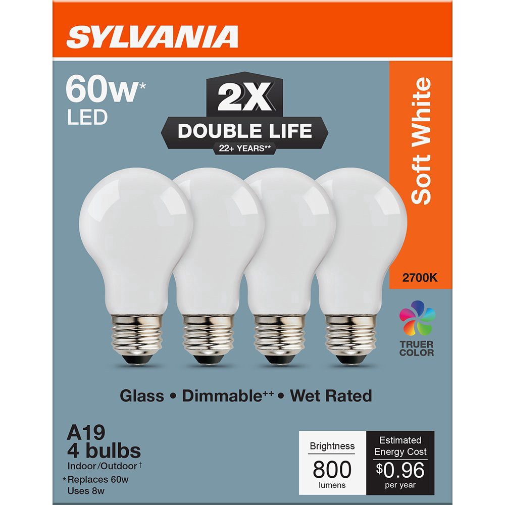slide 1 of 1, SYLVANIA A19 60 Watt Soft White Double Life Bulb, 4 ct