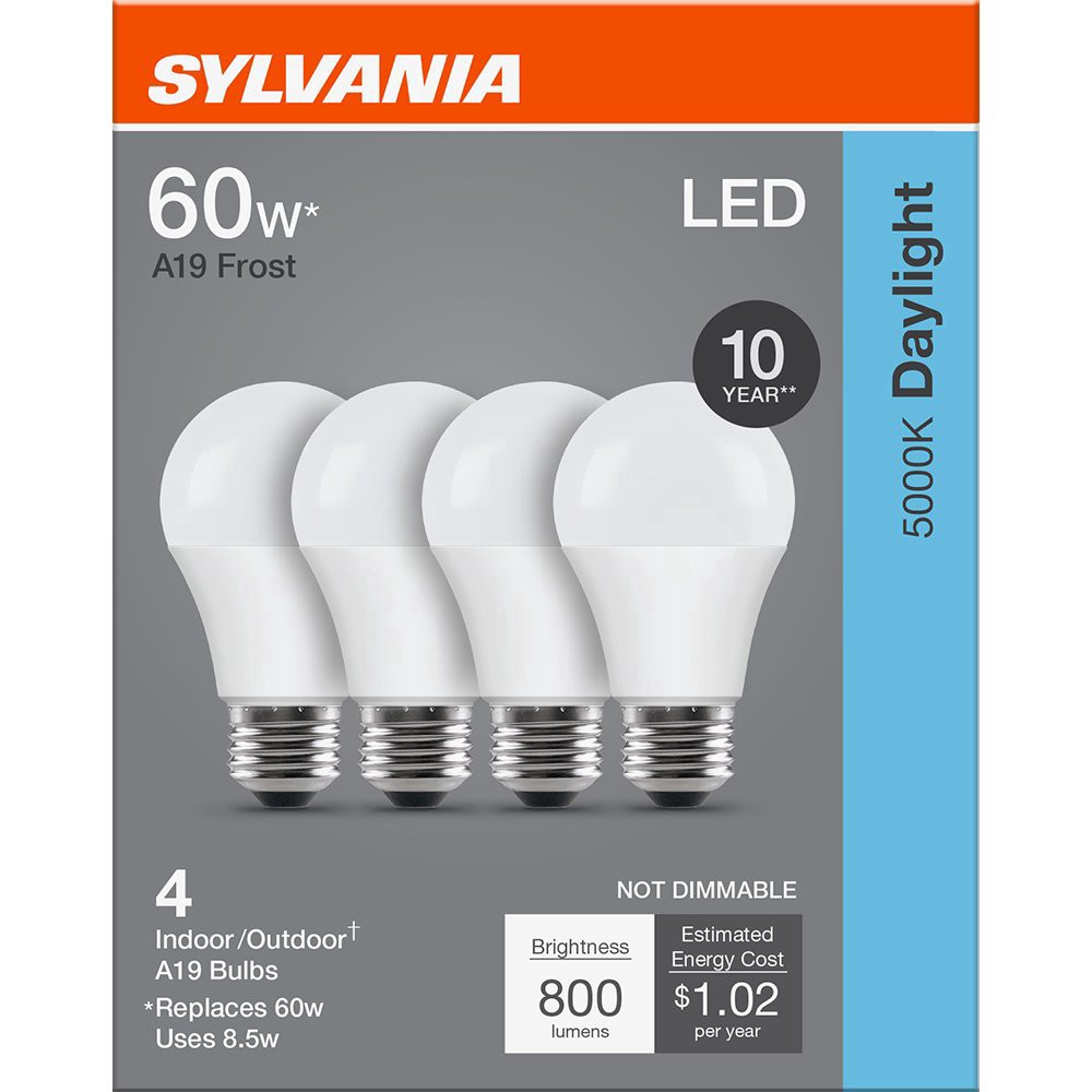 slide 1 of 1, Sylvania LED A19 Frost 8.5 Watts Daylight Indoor/Outdoor Bulbs 4 Each, 4 ct