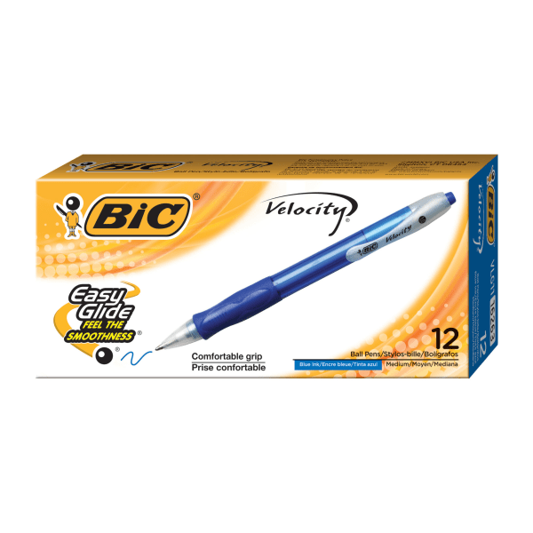slide 1 of 4, BIC® Velocity® Retractable Ballpoint Pens, Medium Point, 1.0 mm, Assorted Barrels, Blue Ink, Pack Of 12, 12 ct