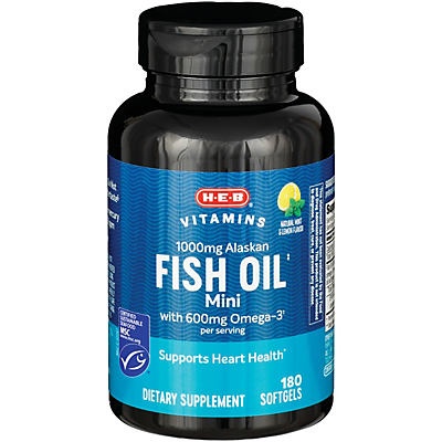 slide 1 of 1, H-E-B Vitamins Fish Oil Mini with Omega 3 Mint & Lemon Flavor Softgels, 180 ct