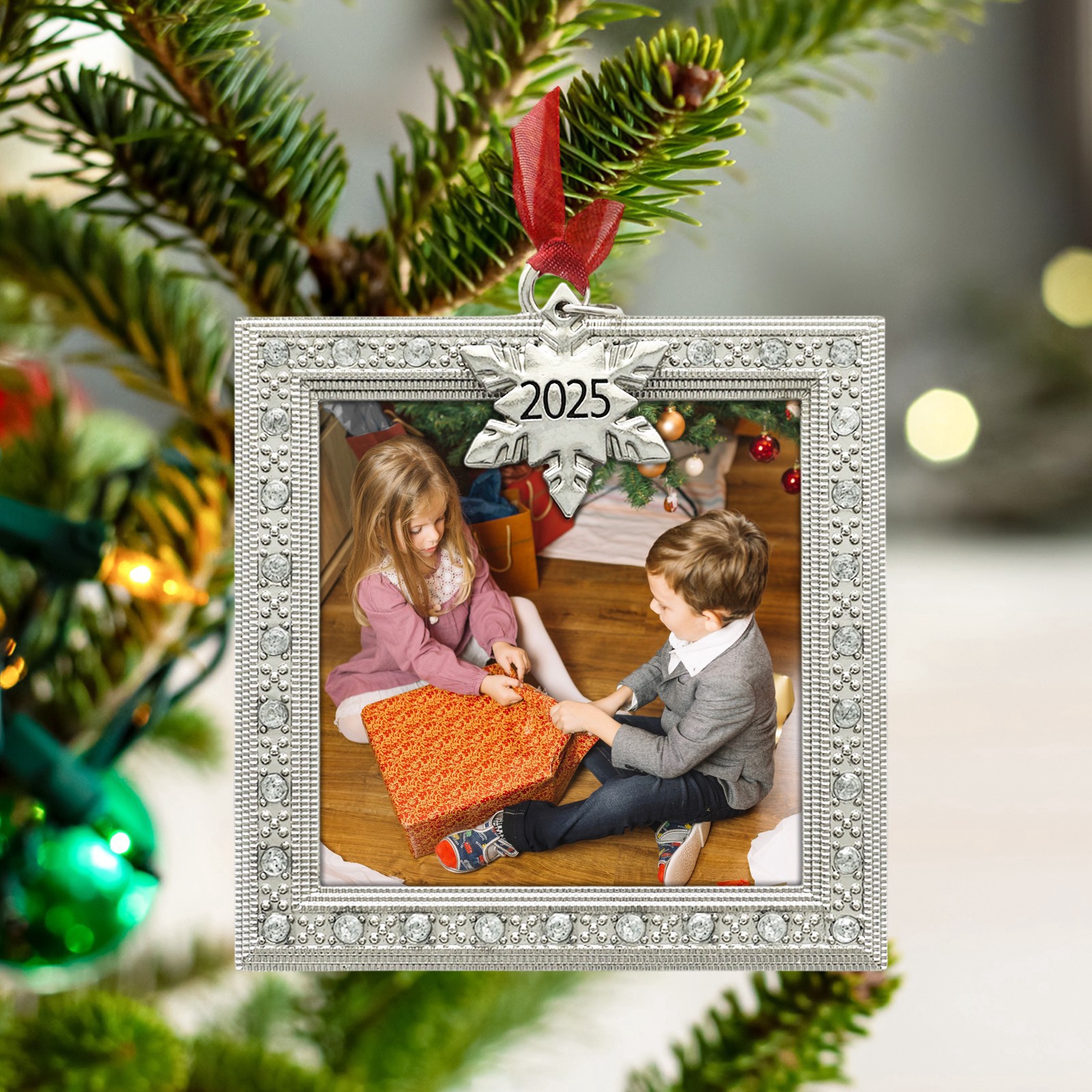 slide 3 of 3, 2.5" X 2.5" Silver Square Jeweled 2025 Ornament Frame By Studio Decor, 2.5 in x 2.5 in