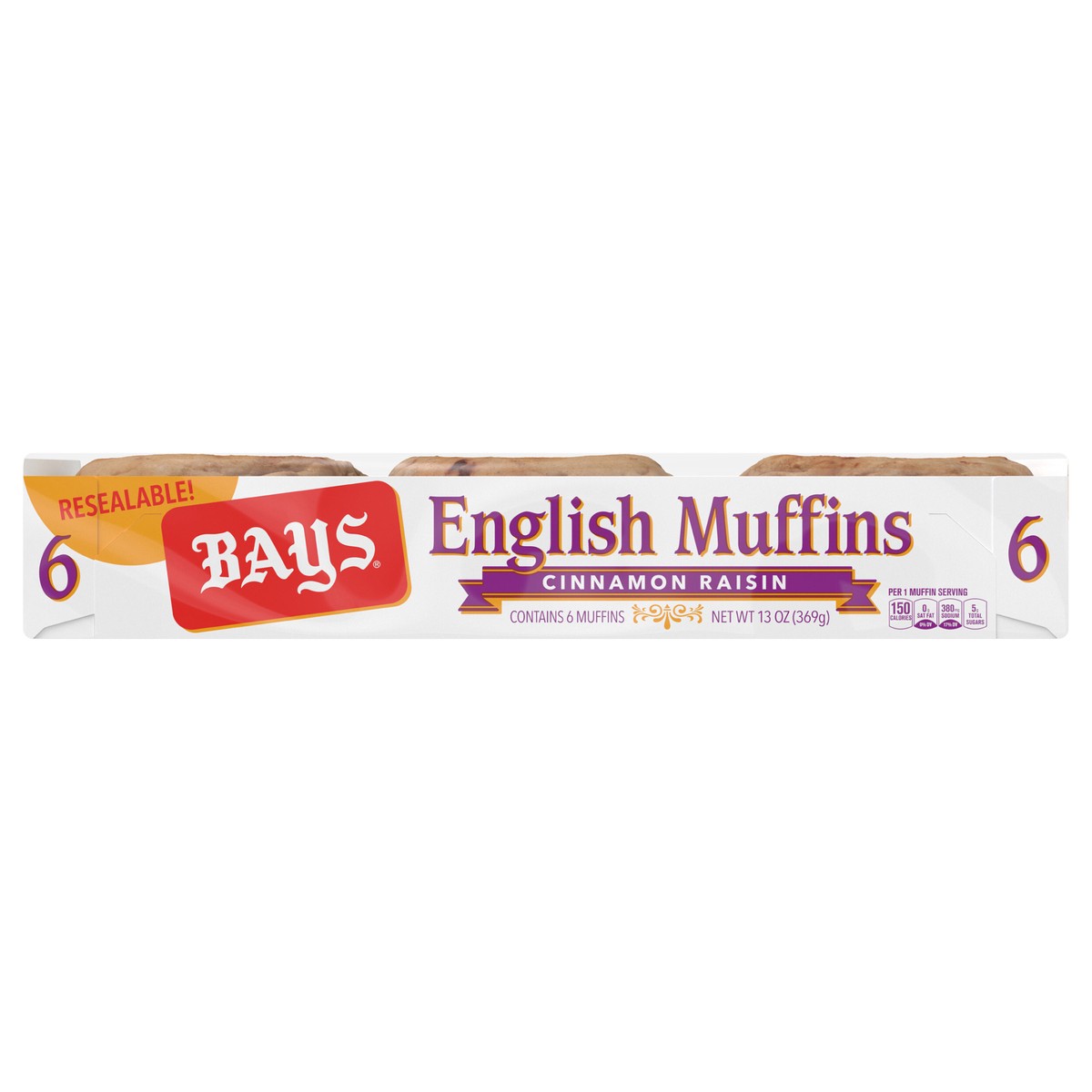 slide 1 of 5, Bays Cinnamon Raisin English Muffins, 6 count, 13 oz, 6 ct