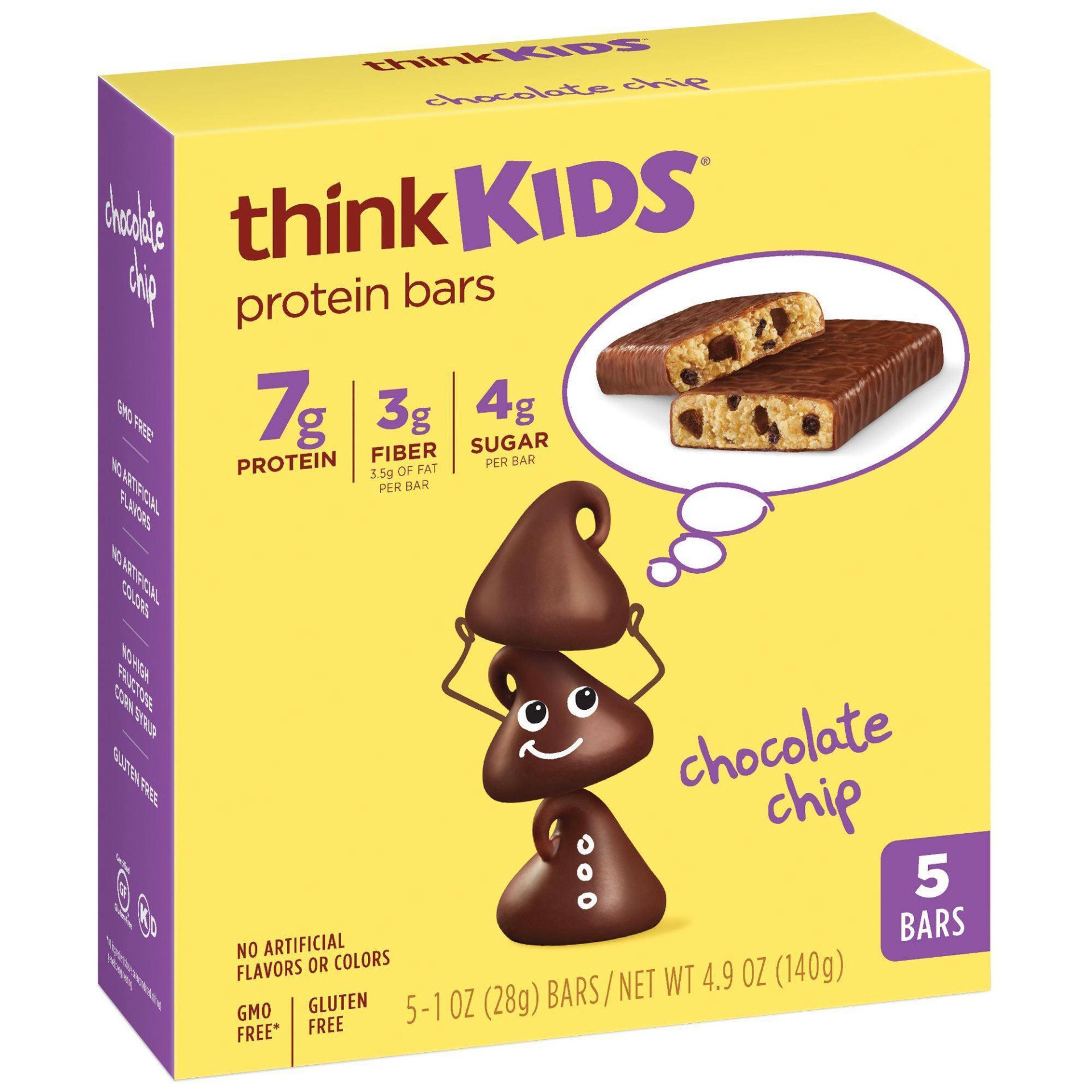 slide 1 of 3, thinkThin think! Kids Chocolate Chip Bars - 5ct, 5 ct