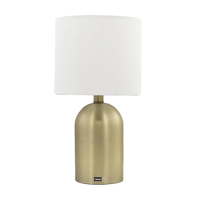 slide 1 of 4, Designs Direct Brass Table Lamp - Gold with USB and Linen Shade, 14.5 in