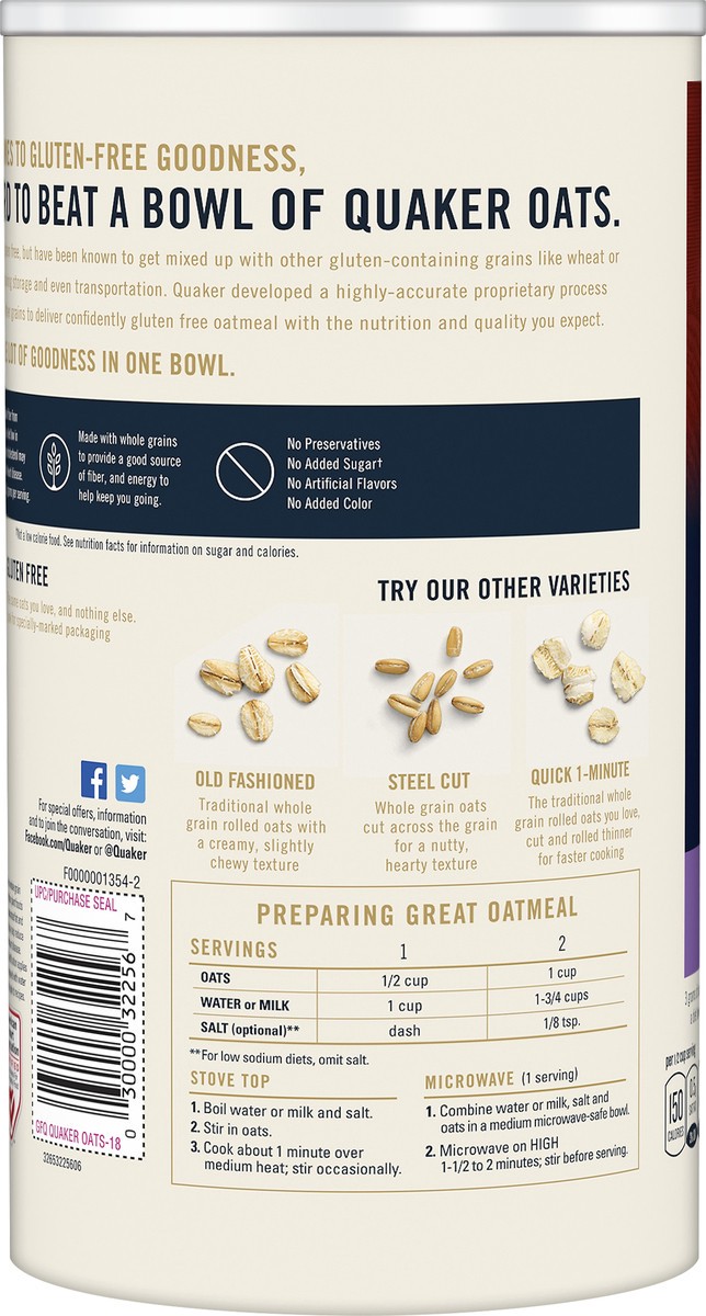 slide 5 of 5, Quaker Oats, Gluten Free, Quick 1-Minute, 18 oz