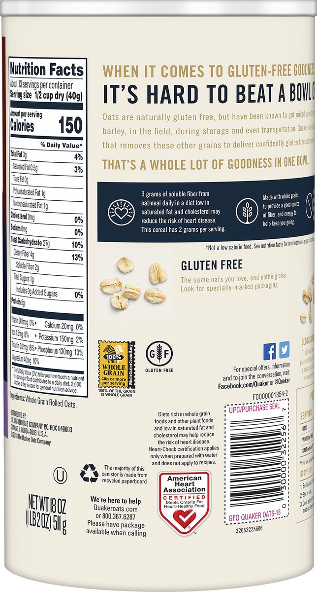 slide 2 of 5, Quaker Oats, Gluten Free, Quick 1-Minute, 18 oz