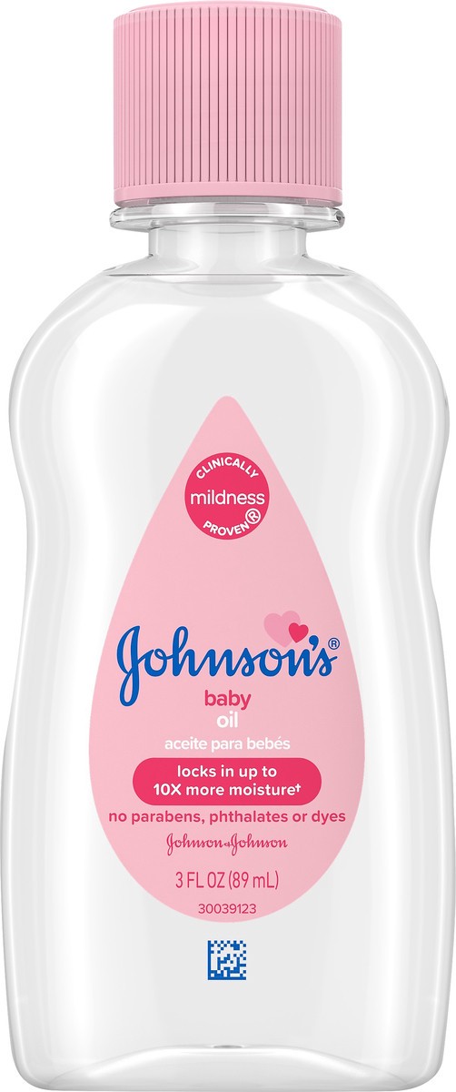 slide 2 of 5, Johnson's Oil, Pure Mineral Oil to Prevent Moisture Loss for Newborn, Kids, and Adults, Gentle and Soothing Baby Massage Oil, Dry Skin Relief, Hypoallergenic, Original Scent, 3 fl. oz, 3 fl oz