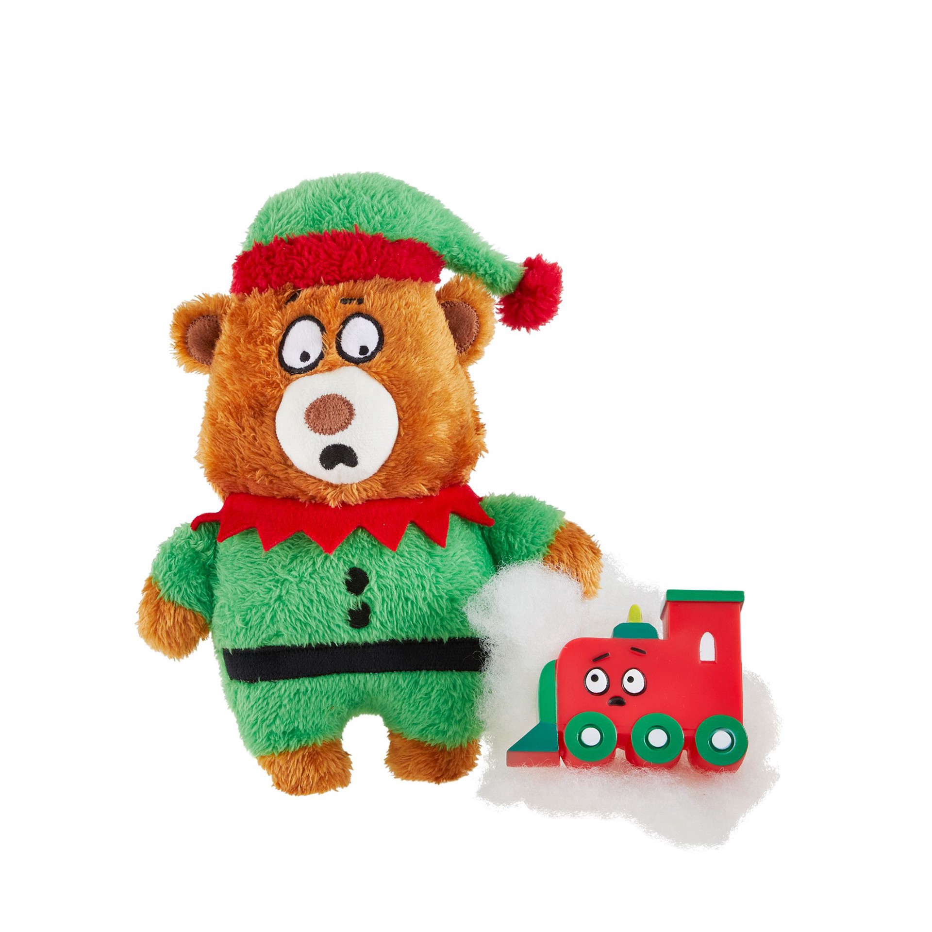 slide 1 of 1, OMG! SURPRISE Holiday Merry Bear-y Elf with Train 2 Toys In 1 Dog Toy - Plush, Squeaker, 1 ct