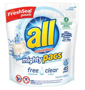slide 1 of 1, All Mighty Pacs Free Clear Super Concentrated Laundry Detergent, 45 ct