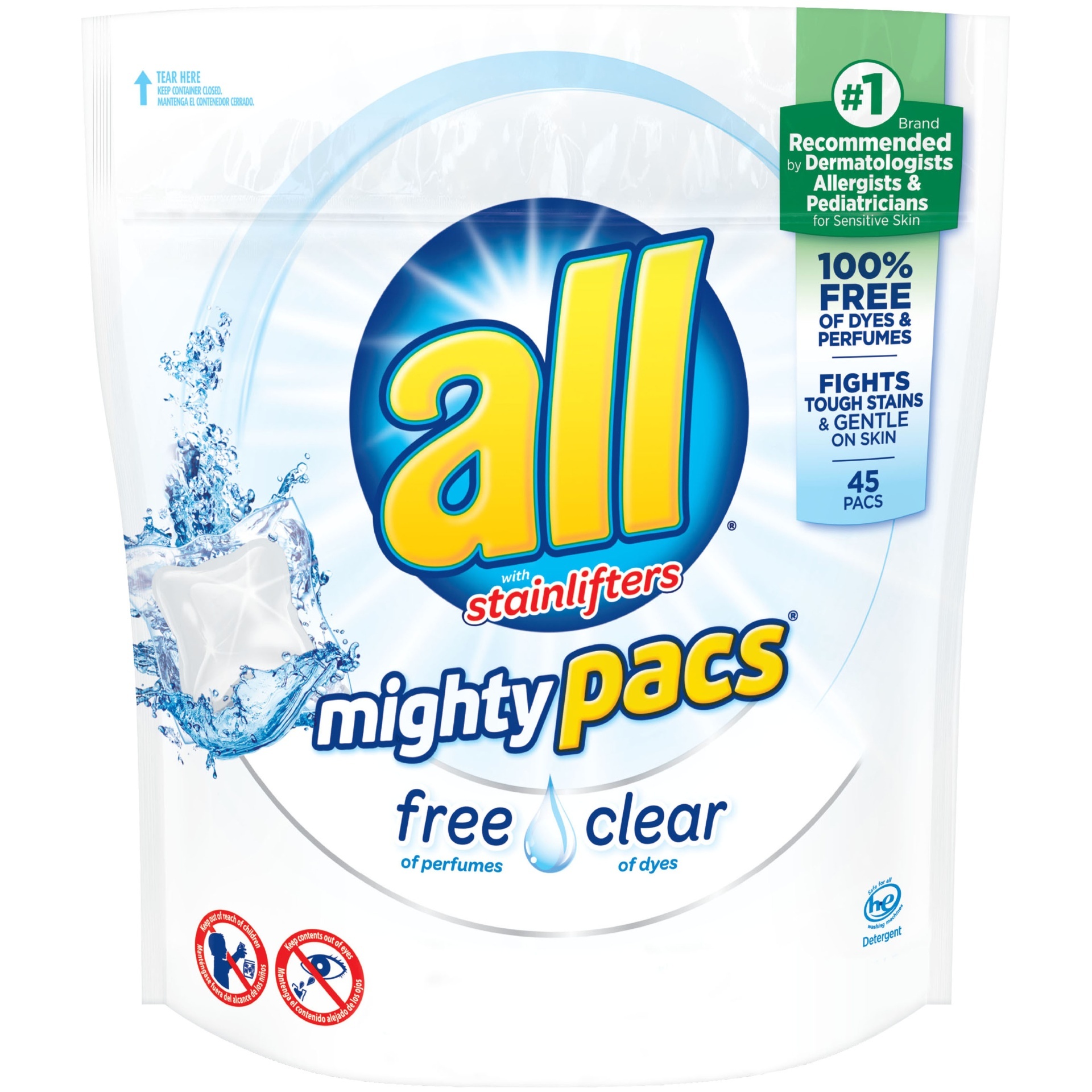 slide 1 of 1, All Mighty Pacs Free Clear Super Concentrated Laundry Detergent, 45 ct