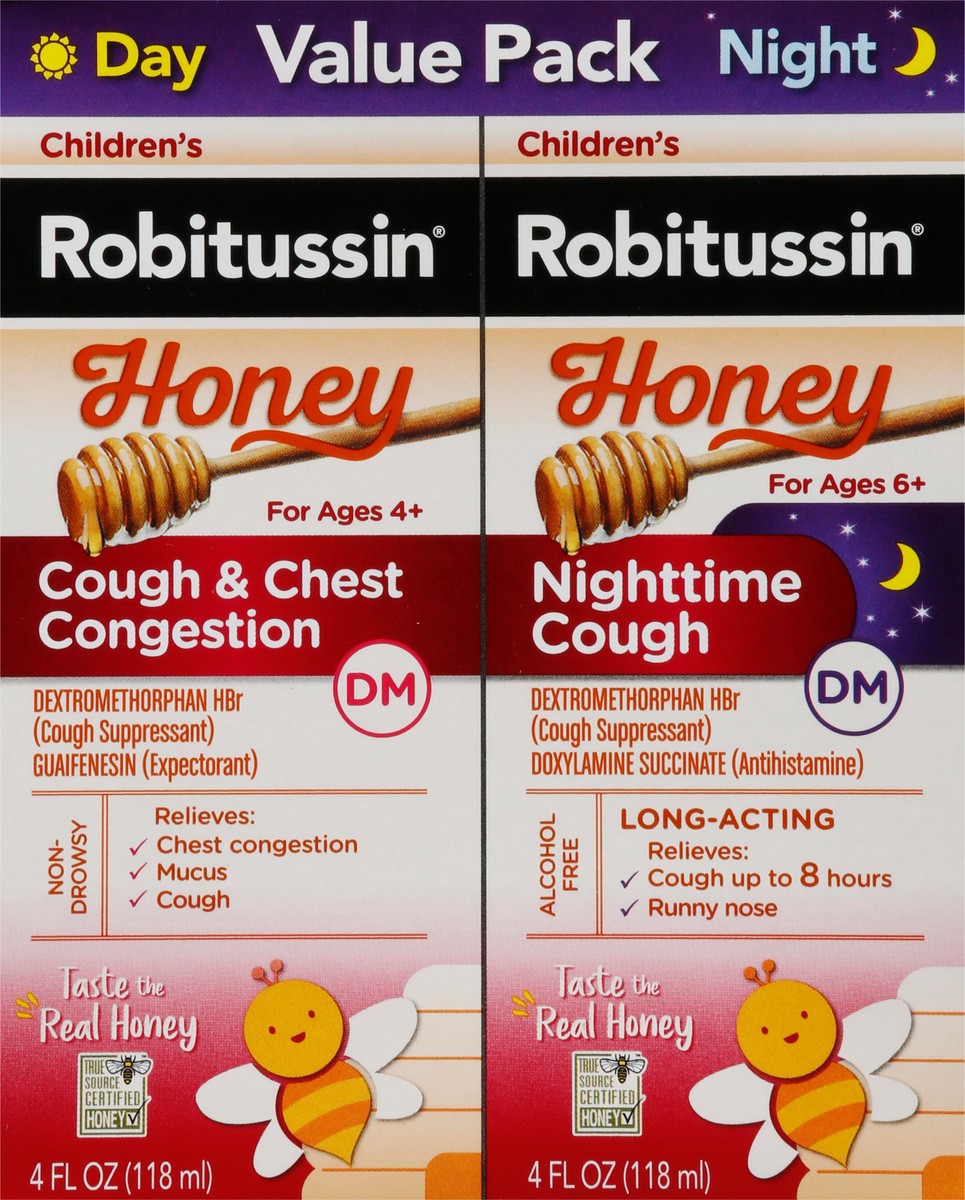 slide 1 of 10, Robitussin Value Pack Children's Honey Day & Night Cough DM 2 - 4 fl oz Bottles, 2 ct; 4 fl oz