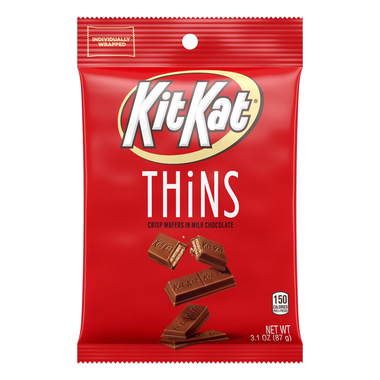 slide 1 of 5, Kit Kat Thins Milk Chocolate Wafer Bars Individually Wrapped Candy Bag, 3.1 oz