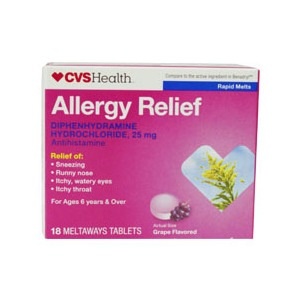 slide 1 of 1, CVS Health Allergy Relief Meltaways Grape Flavored Diphenhydramine Hydrochloride Tablets, 18 ct
