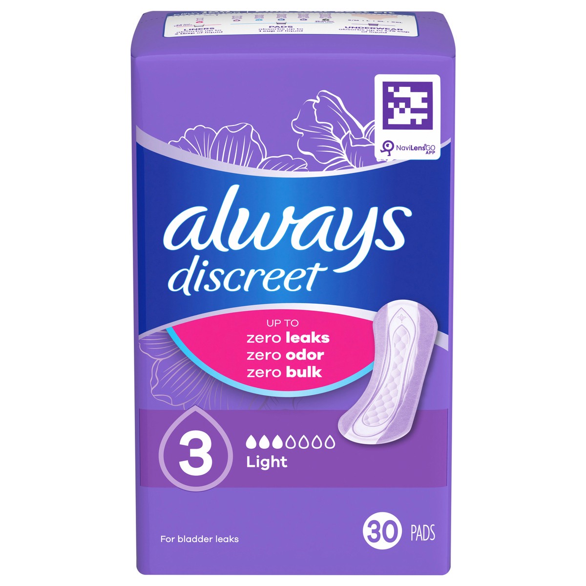 slide 1 of 64, Always Discreet Adult Incontinence Pads for Women, Light Absorbency, Regular Length, Postpartum Pads, 30 CT, 30 ct