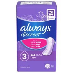 Always Discreet Adult Incontinence Pads for Women, Light Absorbency, Regular Length, Postpartum Pads, 30 CT