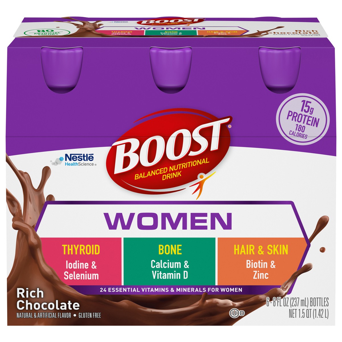 slide 1 of 9, Boost Women Rich Chocolate Balanced Nutritional Drink Bottle 6 - 8 fl oz Bottles, 6 ct