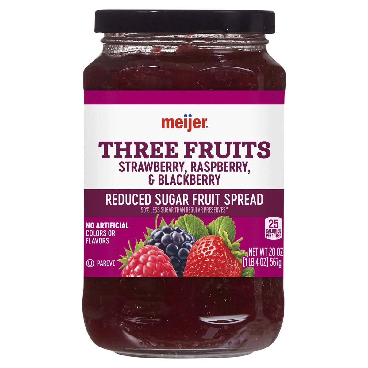 slide 1 of 17, Meijer Strawberry, Raspberry & Blackberry Three Fruits Light Preservatives, 20 oz