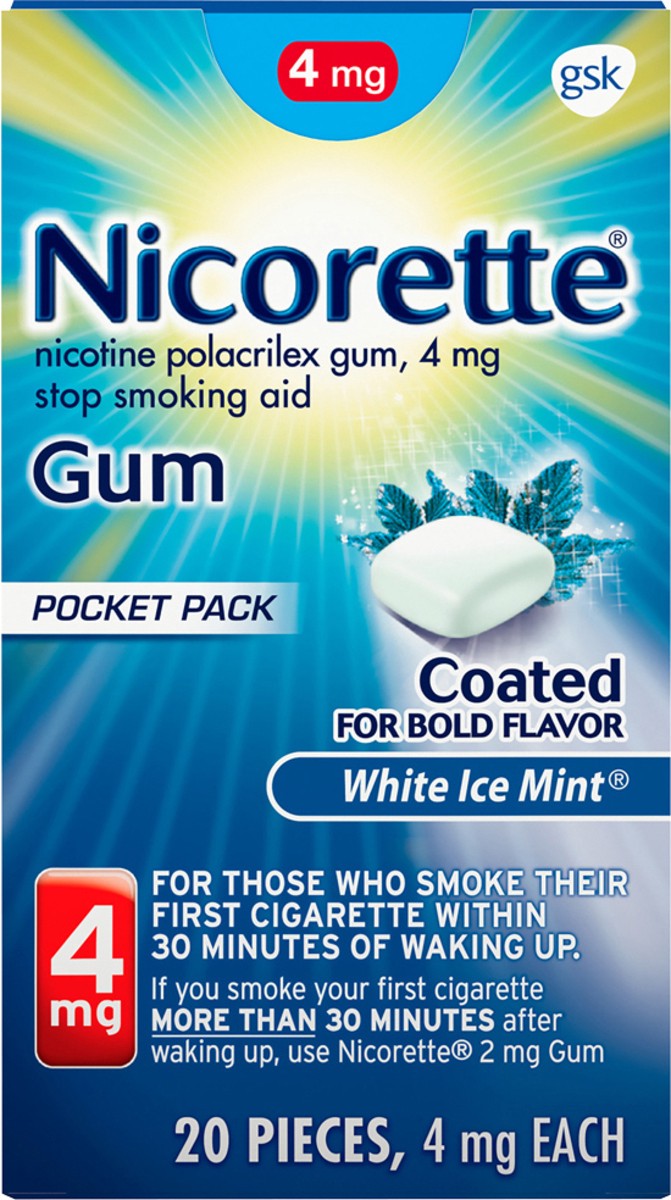 slide 4 of 12, Nicorette Pocket Pack Gum 4 mg White Ice Mint Stop Smoking Aid 20 ea, 20 ct