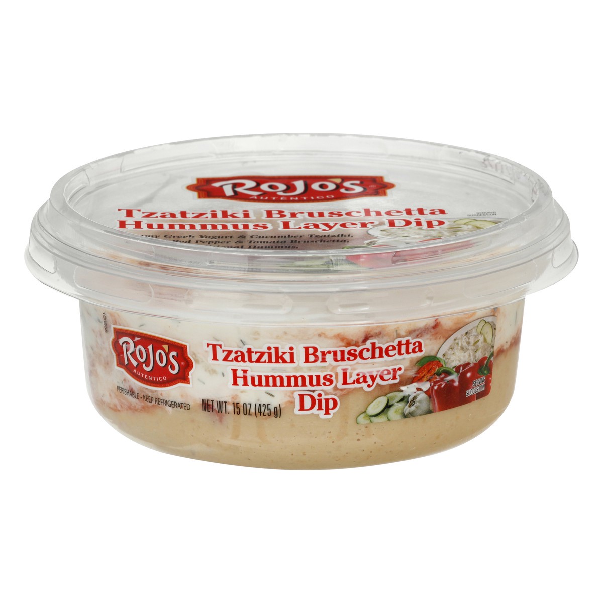 slide 1 of 12, Rojo's Tzatziki Bruschetta Hummus Layer Dip 15 oz, 15 oz