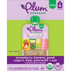 Plum Organics Tots Mighty 4 Food Group Blend Strawberry, Banana, Greek Yogurt, Oat + Kale 4oz Pouch-4-Pack