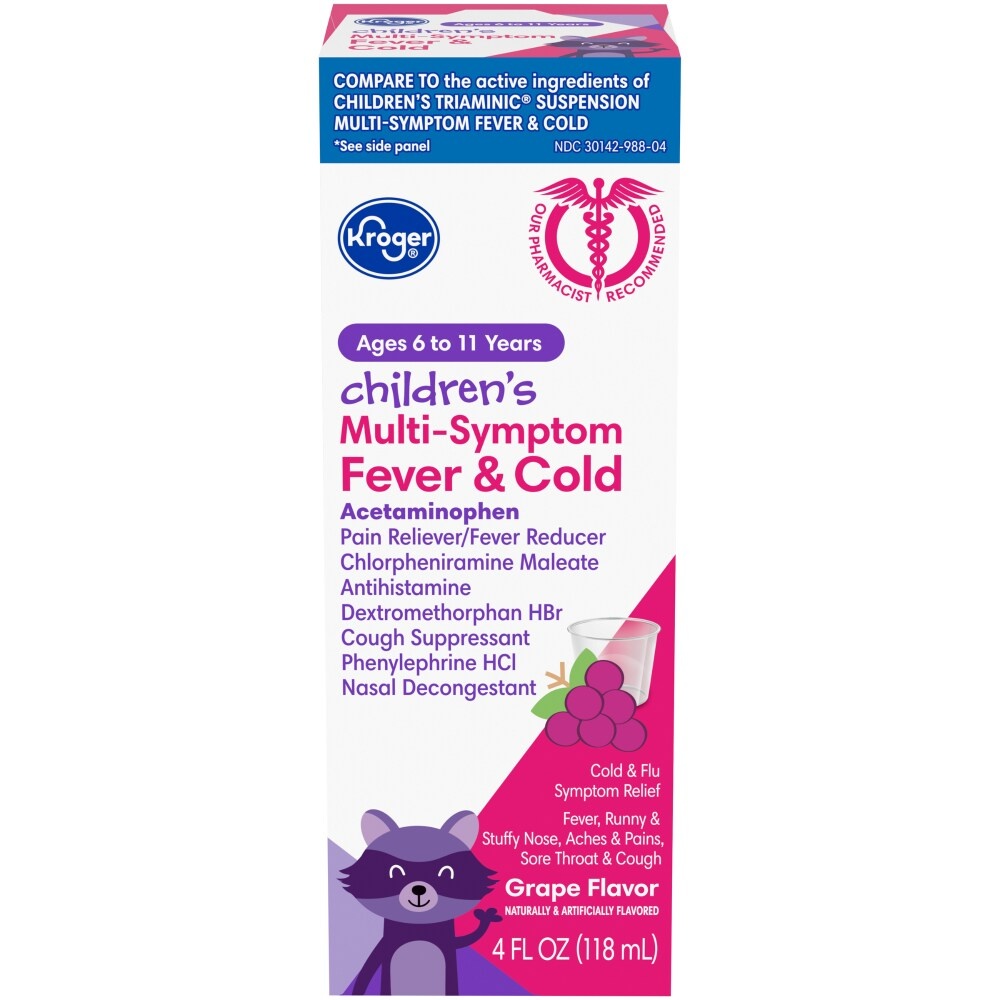 slide 1 of 1, Kroger Children's Grape Flavor Multi-Symptom Fever & Cold Liquid, 4 fl oz