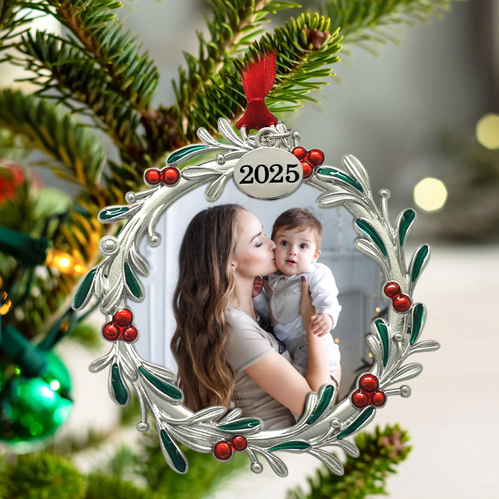 slide 2 of 3, 2.5" X 2.5" Silver Round Mistletoe 2025 Metal Ornament Frame By Studio Decor, 2.5 in x 2.5 in