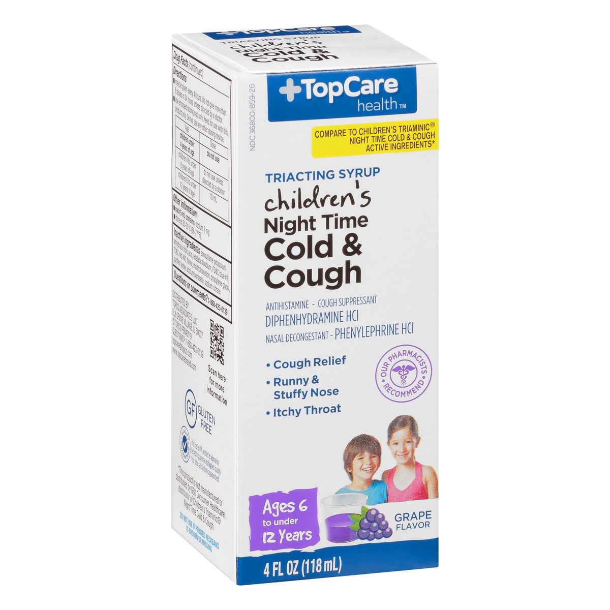 slide 2 of 9, Topcare Health Triacting Syrup Children's Night Time Grape Flavor Cold & Cough 4 oz Box, 4 oz